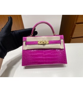 Mini kelly ll Alligator glanzend J5 roze Goud Hardware PHW 19cm Volledig Handgemaakt