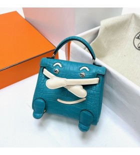 Kelly doll Swift & Alligator matte, blauwe paon & Creamy white Silver Hardware Phw 16cm Volledig Handgemaakt