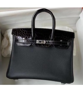 Birkin Touch Togo & glanzend krokodil Zwart Zilver Hardware 25cm Volledig Handgemaakt
