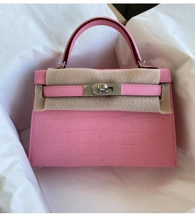 Mini Kelly Mat Alligator 5P sakura pink Silver Hardware 19cm Volledig Handgemaakt