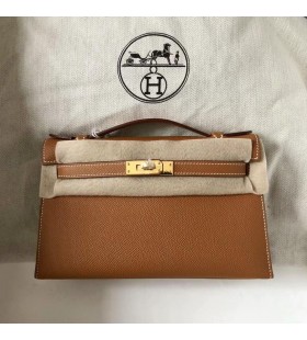 Mini Kelly Pochette Epsom Ck37 Golden brown Gold Hardware 22cm Volledig Handgemaakt