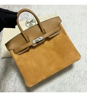 Birkin Suède & Swift Koekje kleur Zilver Hardware 25cm Volledig Handgemaakt