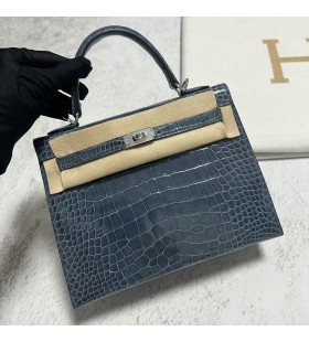 Kelly glanzend alligator N7 Donker blauw Zilver Hardware Phw 25cm Volledig Handgemaakt