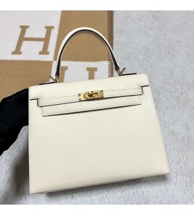 Kelly Epsom i2 Romige Witte Goud Hardware 25cm Volledig Handgemaakt