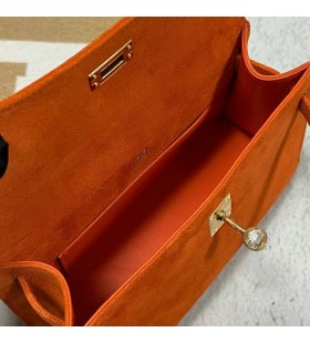 Mini Kelly Pochette Suede Ck93 Oranje Goud Hardware 22cm Volledig Handgemaakt