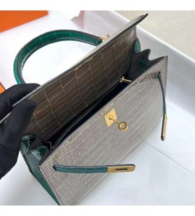 Kelly Glanzend alligator Krokodil ck81 Griss & 6Q jade green Gold Hardware mghw 25cm Volledig Handgemaakt
