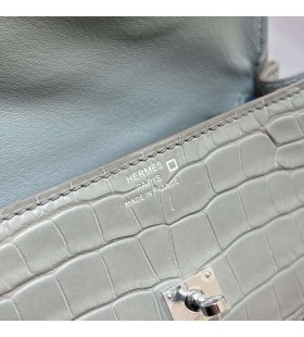 Kelly doll Mat Alligator Krokodil & Swift Ck80 Pearl grey & Deep Blue Silver Hardware Phw 16cm Volledig Handgemaakt