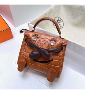 Kelly doll Mat Alligator Krokodil & Swift Ck37 Golden Brown & ebbenhout, Zilver Hardware Phw 16cm Volledig Handgemaakt