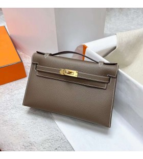 Mini Kelly Pochette Epsom Ck18 Etoupe Grijs Goud Hardware Ghw 22cm Volledig Handgemaakt
