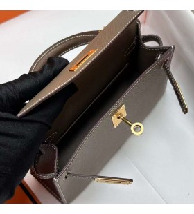 Mini Kelly Epsom Ck18 Etoupe Grijs Goud Hardware Ghw 19cm Volledig Handgemaakt