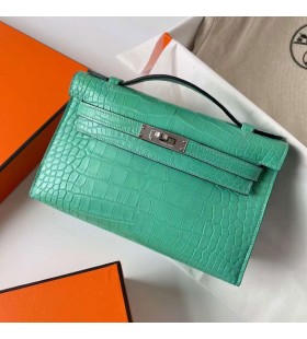 Mini Kelly Pochette Mat Alligator krokodil 6W Mint groen Zilver Hardware Phw 22cm Volledig Handgemaakt