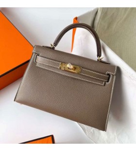 Mini Kelly Epsom Ck18 Etoupe Grijs Goud Hardware 19cm Ghw Volledig Handgemaakt