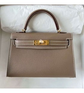 Mini Kelly Epsom Ck18 Etoupe Grijs Goud Hardware 19cm Ghw Volledig Handgemaakt