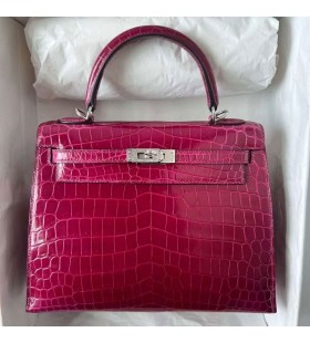 Kelly Glanzend Nilo Krokodil Rose Rood Paars Zilver Hardware Phw 25cm Volledig Handgemaakt