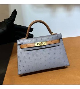 Mini Kelly Struisvogel Ck82 Agaat grijs & Ck37 Golden Brown Gold Hardware 19cm Volledig Handgemaakt Ghw