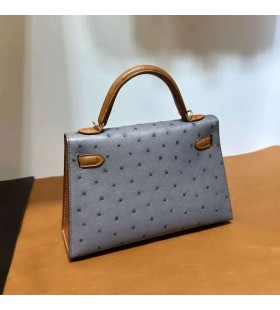 Mini Kelly Struisvogel Ck82 Agaat grijs & Ck37 Golden Brown Gold Hardware 19cm Volledig Handgemaakt Ghw