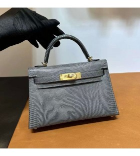 Mini Kelly Hagedis 0L Edele grijs Goud Hardware 19cm Volledig Handgemaakt Ghw