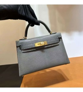 Mini Kelly Hagedis 0L Edele grijs Goud Hardware 19cm Volledig Handgemaakt Ghw