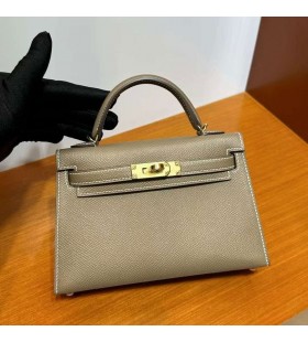 Tassen mini Kelly Epsom Ck18 Etoupe Grijs Goud Hardware 19cm Volledig Handgemaakt Ghw