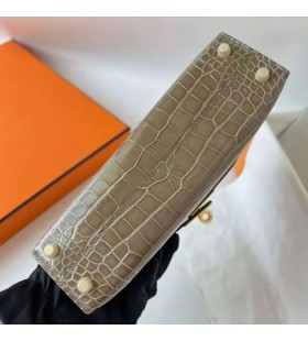 Mini Kelly Glanzend Alligator Ck18 Etoupe Grijs Goud Hardware 19cm Volledig Handgemaakt Ghw