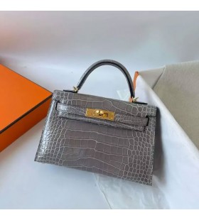 Mini Kelly Glanzend Alligator Ck81 stilte grijs Goud Hardware 19cm Volledig Handgemaakt Ghw