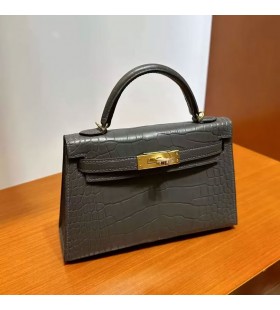 Mini Kelly Mat Alligator Ck88 grafiet grijs Goud Hardware 19cm Volledig Handgemaakt Ghw