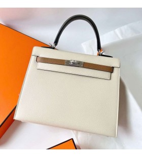 Kelly Epsom i2 Romige Witte & 0M Koffie Khaki & 0L Grijs Zilver Hardware 25cm Volledig Handgemaakt Phw