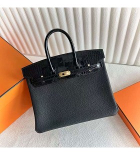 Birkin Touch Togo & Glanzend Alligator krokodil Ck89 Zwart Goud Hardware 25cm Volledig Handgemaakt Ghw