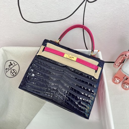 Kelly Crocodile kiiltävä Syvän sininen & rose vaaleanpunainen Kultaa Laitteisto GHW 25cm Koko Käsintehty