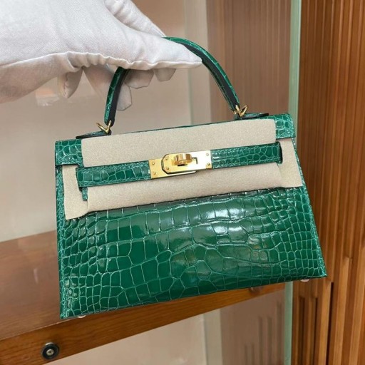 Mini Kelly kiiltävä alligaattori 6Q jade vihreä Kulta Laitteisto-19cm Koko Käsintehty