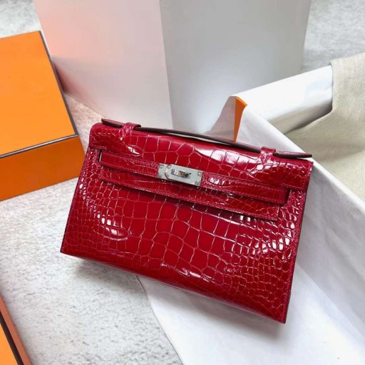 Mini Kelly Pochette Kiiltävä Alligaattori krokotiili Ck95 Ferrari punainen Hopea Laitteisto Phw 22cm Koko Käsintehty