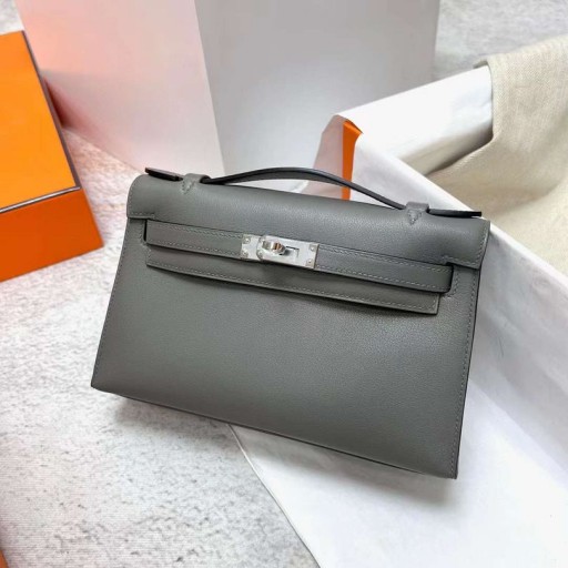 Mini Kelly Pochette Swift 8F tinware harmaa Hopea Laitteisto Phw 22cm Koko Käsintehty
