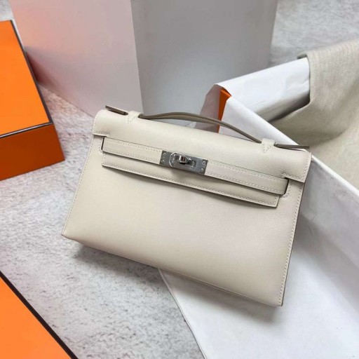 Mini Kelly Pochette Swift-Ck10 Kermainen Valkoinen Hopea Laitteisto Phw 22cm Koko Käsintehty