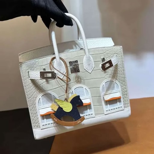 Krokotiili Birkin Pieni Talo Valkoinen Hopea Laitteisto-20cm Koko Käsintehty Phw