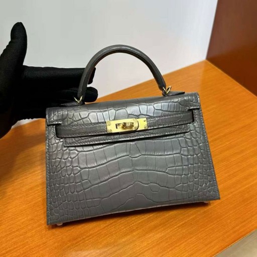 Mini Kelly Matta Alligaattori Ck88 grafiitti harmaa Kulta Hardware 19cm Koko Käsintehty Ghw