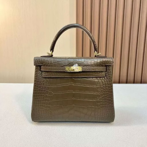Kelly Matta Alligaattori M1 Uusi Etoupe Harmaa Kulta Hardware 25cm Koko Käsintehty Ghw