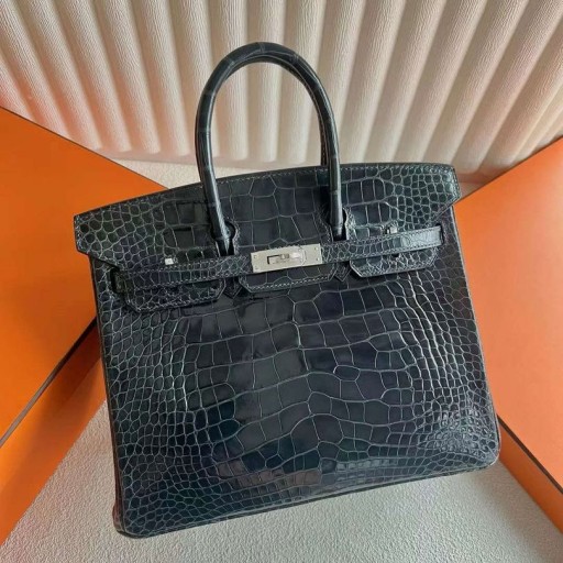 Birkin kiiltävä Alligaattori Krokotiili Ck76 syvänmeren Sininen Hopea Laitteisto-25cm Koko Käsintehty Phw