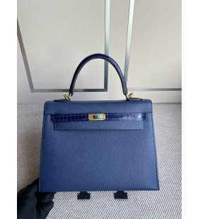 Kelly Touch Epsom & kiiltävä krokotiili gem blue Gold Laitteisto-25cm Koko Käsintehty