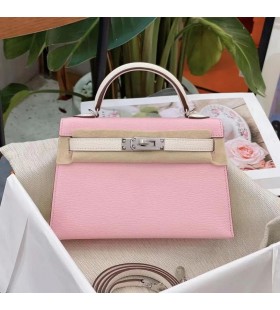 Mini Kelly Chevre 3Q Vaaleanpunainen & Ck10 Kermainen valkoinen Hopea Laitteisto-19cm Koko KÃ¤sintehty