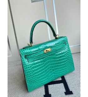 Kelly kiiltävä alligaattori krokotiili O6 emerald Kultaa Laitteisto GHW 25cm Koko Käsintehty