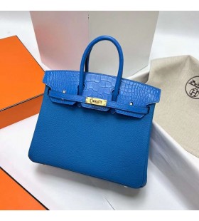 Birkin Touch Togo & Matta Alligaattori krokotiili Sininen Kulta Laitteisto-25cm Koko KÃ¤sintehty