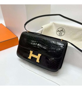 Constance elan kiiltävä porosus crocodile Ck89 Musta Kulta Hardware 26cm Koko Käsintehty