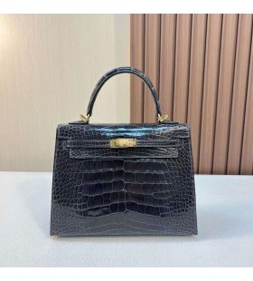 Kelly Kiiltävä Alligaattori Krokotiili Ck88 Grafiitti harmaa Kulta Hardware 25cm Koko Käsintehty Ghw