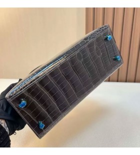 Kelly Kiiltävä Alligaattori Krokotiili Ck88 Grafiitti harmaa Kulta Hardware 25cm Koko Käsintehty Ghw