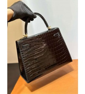 Kelly Shiny Porosus Crocodile Ck89 Black Gold Hardware 25cm Full Handmade Ghw