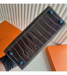 Kelly kiiltävä Alligaattori Krokotiili Ck88 Grafiitti Harmaa Kulta Hardware 25cm Koko Käsintehty Ghw