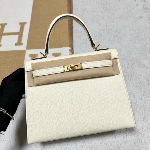 Kelly Epsom i2 Blanc Crémeux du Matériel d'Or de 25 cm à Plein fait à la Main