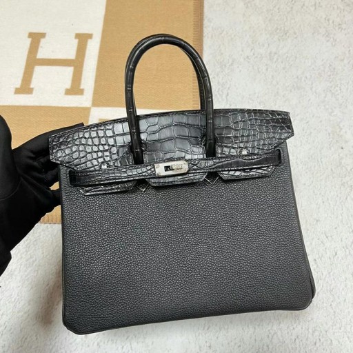 Birkin Touch Togo & Mat Alligator Ck89 Noir Argent Matériel 25cm à Plein fait à la Main