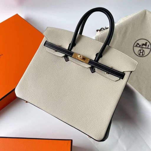 Birkin Togo Ck10 Blanc crème & Ck89 Or Noir Matériel Bghw 25cm à Plein fait à la Main