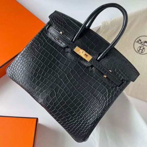 Birkin Matte Crocodile Porosus Ck89 Or Noir Matériel Ghw 25cm à Plein fait à la Main